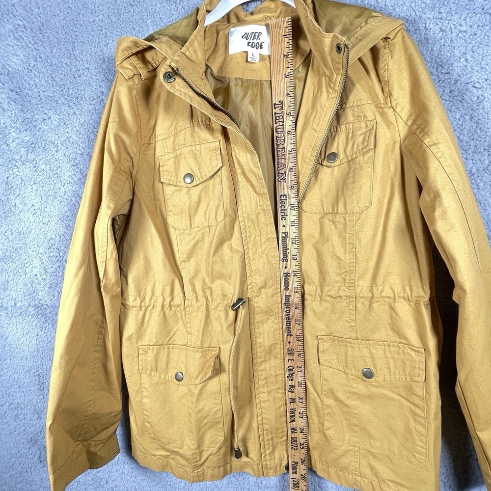 Outer Edge Womens L Mustard Yellow Hooded Utility Anorak Jacket Drawstring - Picture 7 of 10